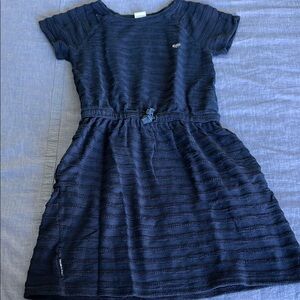 Polarn O. Pyret Blue Terry Ribbed Fit and Flare Pocketed Dress w/ Tie Waist